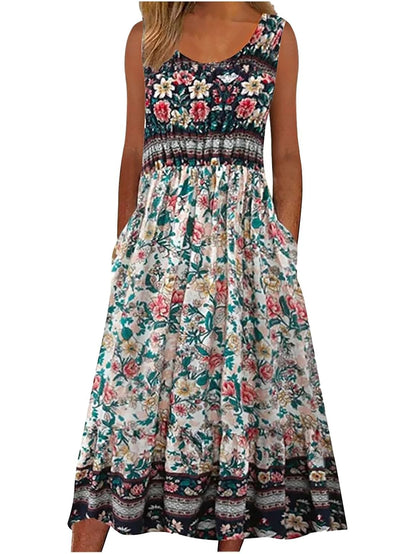 2025 summer new! Women's sleeveless Bohemian floral casual beach MIDI sundress with pockets flowing and loose