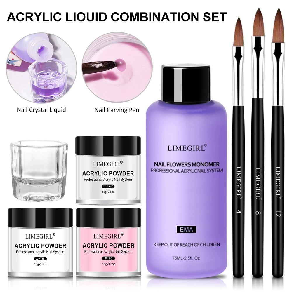 LIMEGIRL Acrylic Powder Kit and Liquid Monomer Nail Kit 3D Art Nail Extension Decoration with UV LED Light Crystal Powder Kit