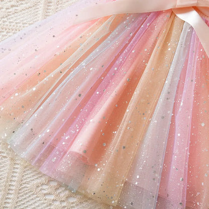 Girls' HUNTRX Rainbow Tulle Princess Dress: Sequin Star & Chibi Idol Party Gown