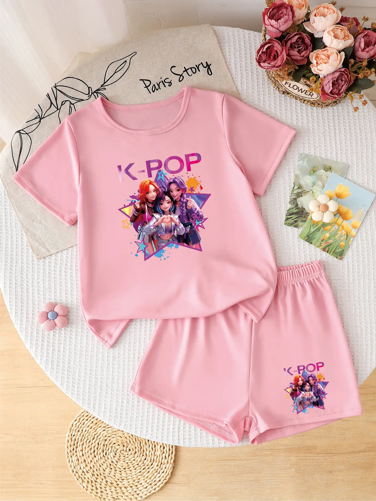 Trendy Girls 2Pcs K-POP Idol Graphic Print Tee & Shorts Set K-POP Fan Summer Streetwear Outfit