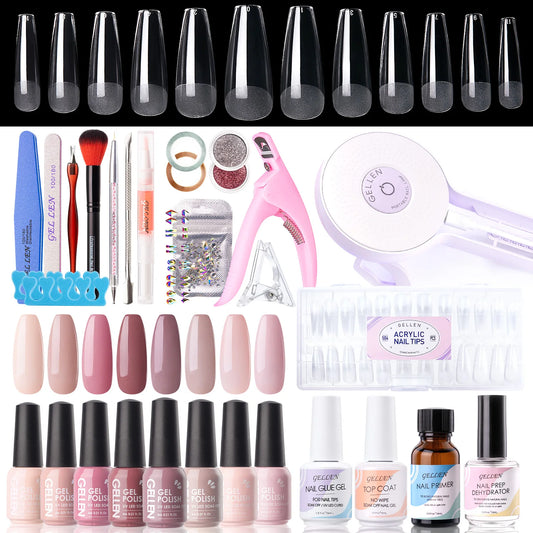 8 Colors Gel Nail Polish Kit with 36W UV Light Nail Dryer 504Pcs Coffin Fake Fails Tips and Glue Prep Top Base Coat Manicure Kit