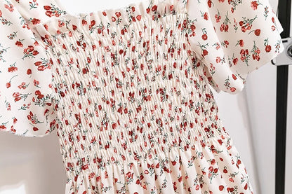Floral Chiffon Smocked Midi Dress: Butterfly Sleeve Square Neck A-Line Gown