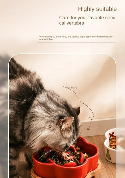 Ceramic Slow Food Bowl Anti-choking Cat Feeding Basin To Prevent Black Chin Small Dog Cat Neck Guard Wooden Frame Slow Food Bowl