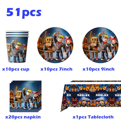 Roblox Theme Party Supplies Birthday Decorations Tableware Paper Cups Balloon Tablecloth Gift Bag Banner Cake Topper Baby Shower