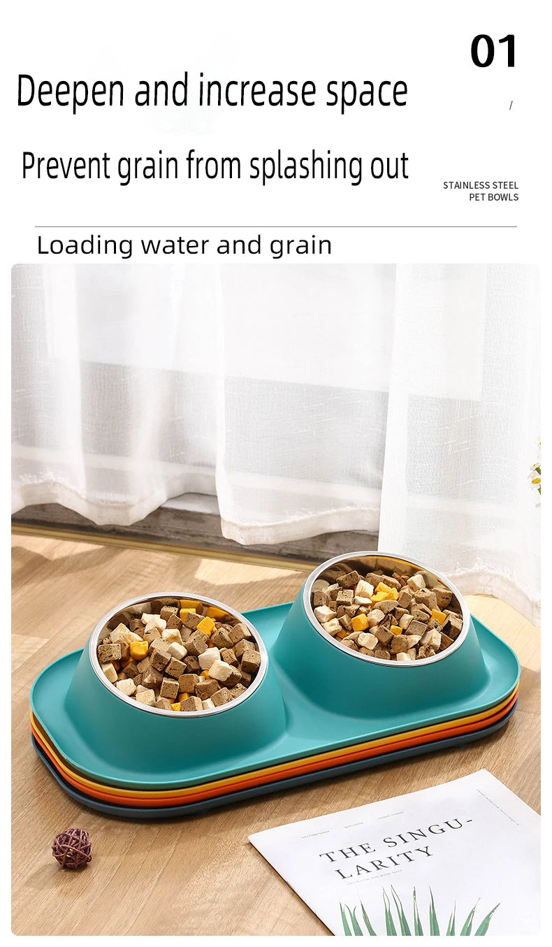 1pc Stainless Steel Double Cat Dog Bowl Cat Food Container Non-slip Base Pet Water Feeder Tilt Safeguard Neck Puppy Cats Bowls
