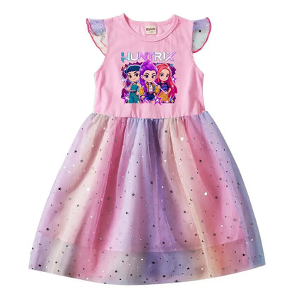 Girls' K-Pop Hunters "Chibi Rainbow" Princess Dress: Flying Sleeve Tutu with Star Sequins