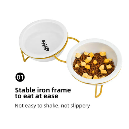 1 Set Elevated Ceramic Cat Bowls 1 Set Non-Slip Ceramic Cat Food And Water Bowls With Iron Bracket, Elevated Tilted Cat Feeder