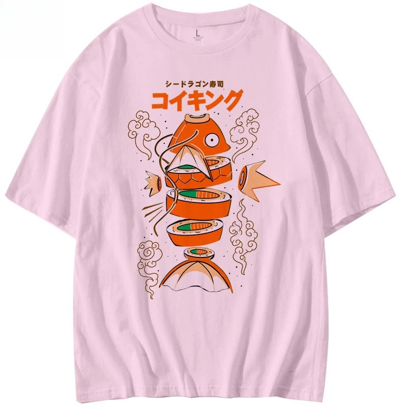 Japanese Style Pokemon King Carp Magikarp Sushi Sashimi Short Sleeved Pure Cotton T-shirt Loose Men's and Women's Summer Tops