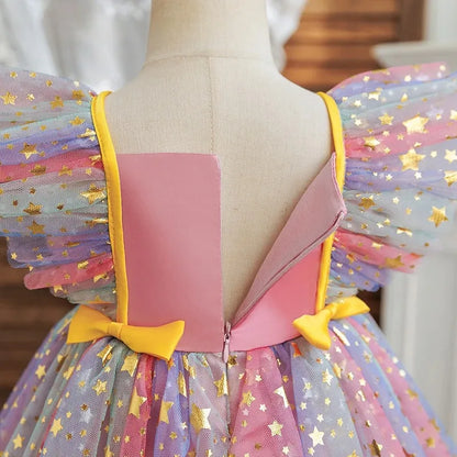 Girls' K-Pop HUNTRX "Holiday Star" Tutu Dress: Rainbow Tulle Gown with Gold Sequins & Ruffle Wings