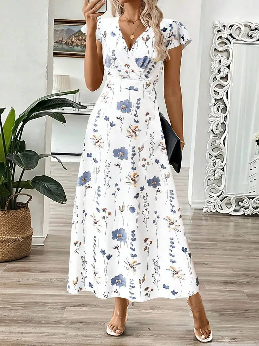 Women's V-Neck Leaf Floral Print Long Dress, A-Line Waist Cinched Dress For Summer Women Summer Clothing
