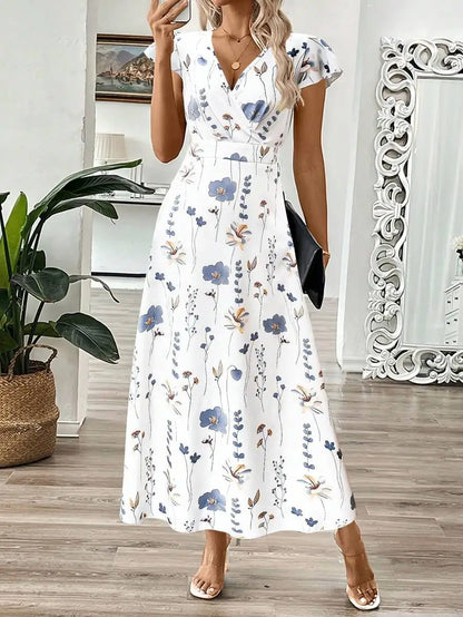 Women's V-Neck Leaf Floral Print Long Dress, A-Line Waist Cinched Dress For Summer Women Summer Clothing