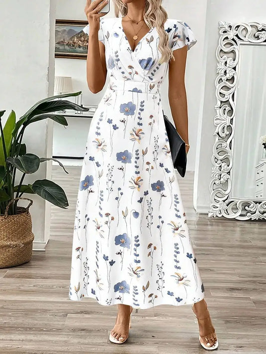 Women's V-Neck Leaf Floral Print Long Dress, A-Line Waist Cinched Dress For Summer Women Summer Clothing