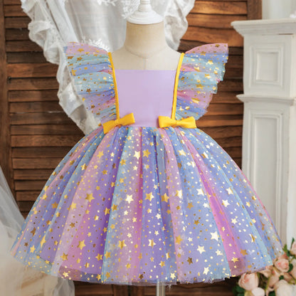 Girls' K-Pop "Starry Gala" Tutu Dress: Rainbow Tulle Gown with Gold Sequins & Ruffle Sleeves