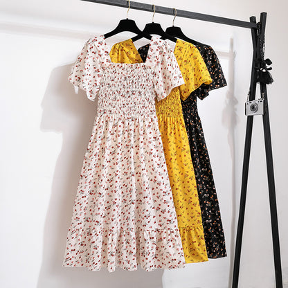 Floral Chiffon Smocked Midi Dress: Butterfly Sleeve Square Neck A-Line Gown