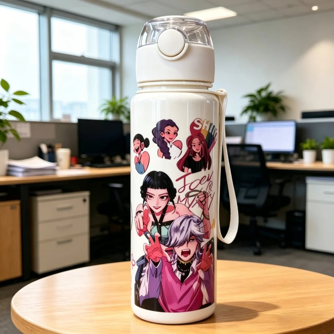 Kids' K-Pop HUNTRX "White Edition" 700ML Water Bottle: 3D Comic Art Leak-Proof Flask