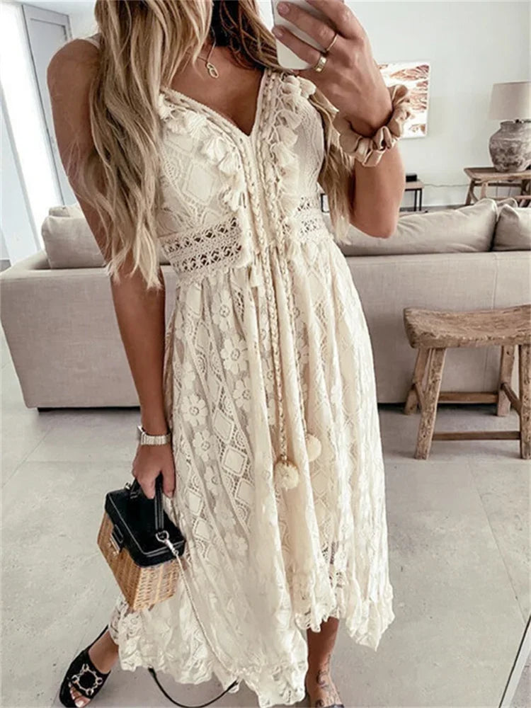 2026 Fashion Women Lace White Long Dress Sleeveless V Neck Flowy Ruffle Dress Summer Bohemian Retro Sexy Beach Holiday Dresses