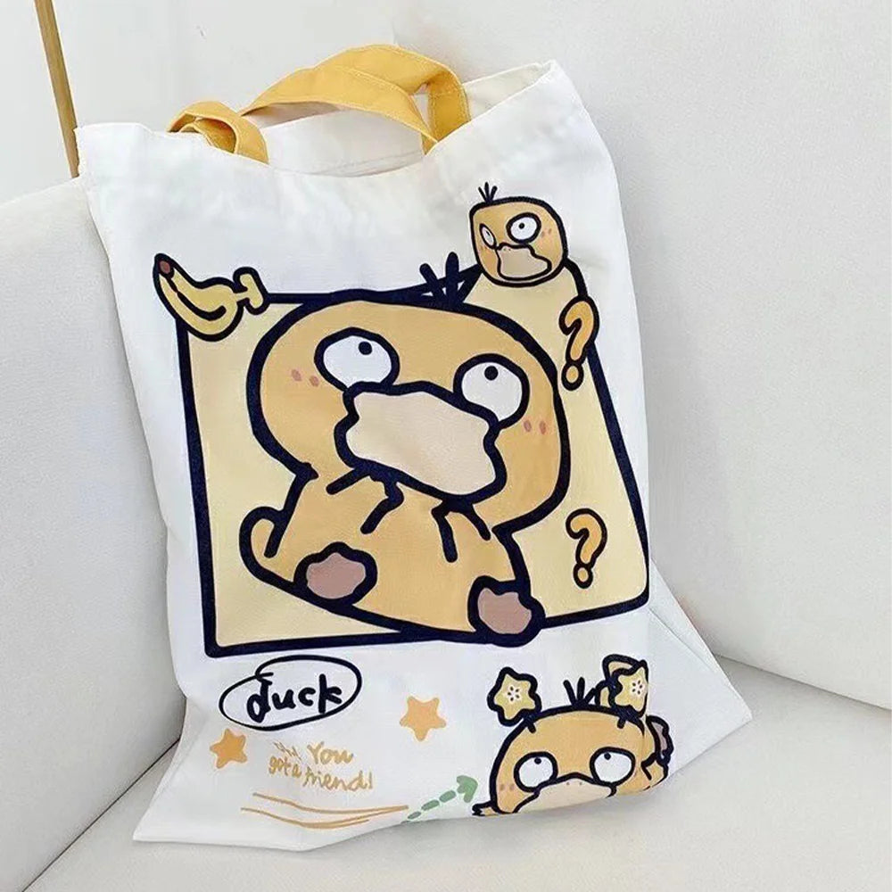 Pikachu Pokemon Canvas Tote Kawaii Psyduck Cute Autumn/Winter Daily Portable Handbag Shopping Grocery Reusable School Gifts ﻿