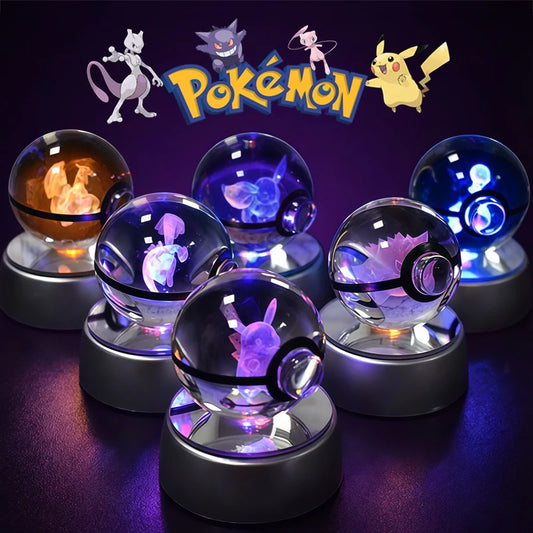 Pokemon Crystal Ball 3D Pikachu Mewtwo Gengar Pokeball 3D Night Light Lamp Glass Statue Pokemon Crystal Ball Kids Birthday Gift