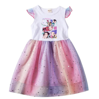 Girls' K-Pop Hunters "Chibi Rainbow" Princess Dress: Flying Sleeve Tutu with Star Sequins