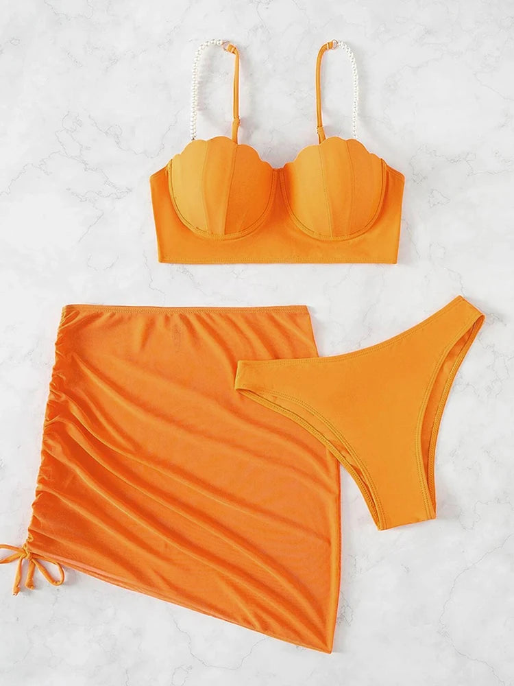Sexy 3 Piece Bikinis Set Women Swimsuit with Skirt Swimwear 2023 New Female Push Up Bikini Beachwear Faux Pearl Bathing Suit