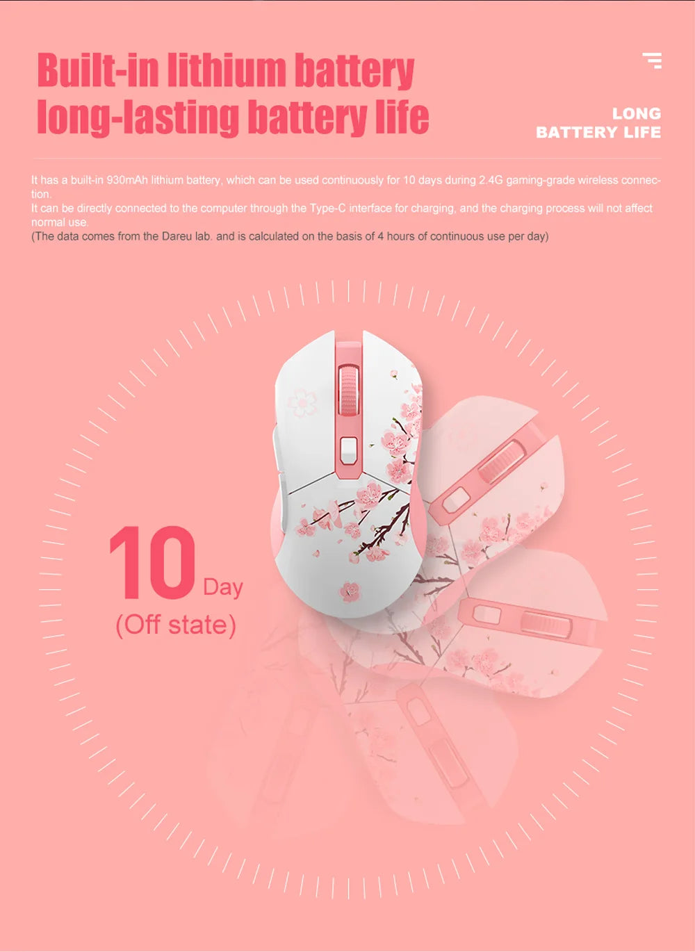 DAREU Dual Modes Gamer Mouse RGB 2.4G Wireless Wired Gaming Mice Built-in 930mAh Recharging Battery with Macro Set for PC Laptop