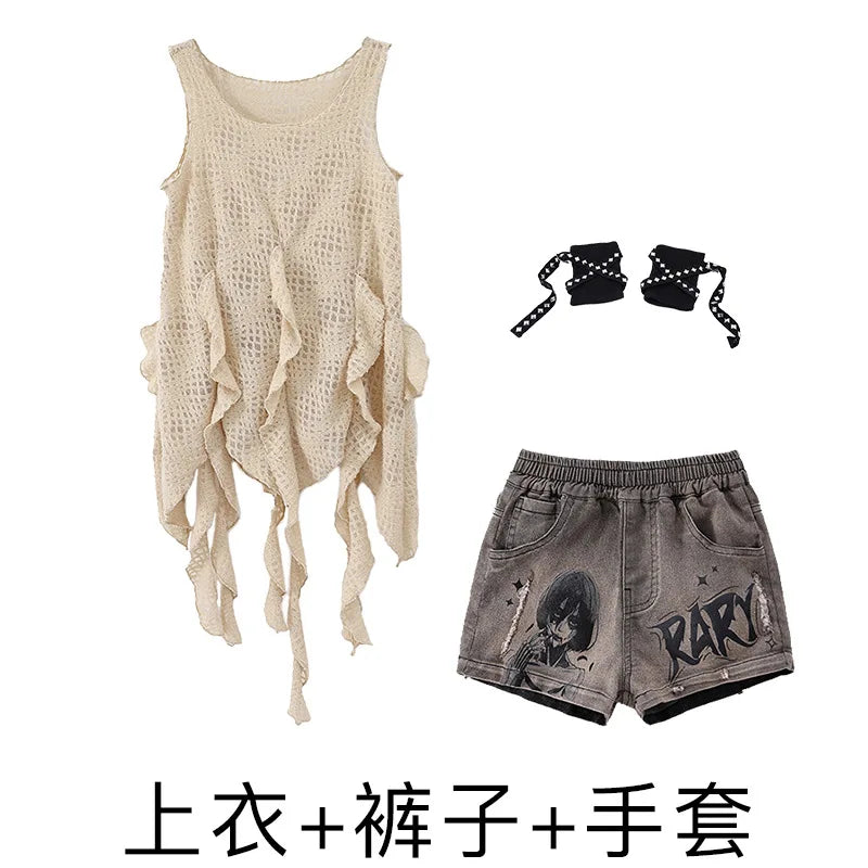 Girls Hiphop Group Jazz Dance Performance Clothes Loose Short Sleeve Top Pants Street Dance Costumes Wear