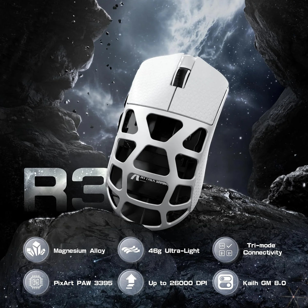 ATTACK SHARK R3 46g Superlight Magnesium Alloy Wireless Gaming Mouse BT/2.4G/Wired 8K Polling Rate PAW3395 26K DPI Programmable