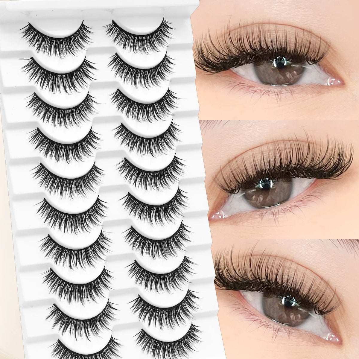 10 pairs of cat-eye false eyelashes, with a natural and thick appearance, length 10-15 millimeters, suitable for beginners