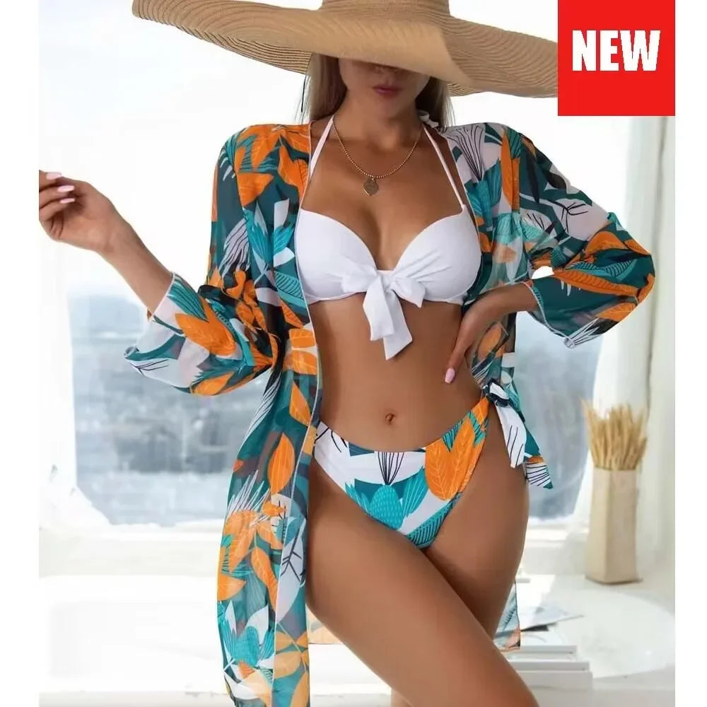 Three Pieces Bikini Set Cover Up Women 2023 New Push Up Twist Swimsuit Print Long Sleeve Swimwear Biquini Bathing Suit Summer