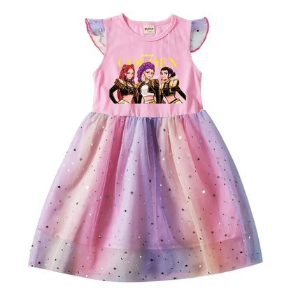 Girls' K-Pop Hunters "Chibi Rainbow" Princess Dress: Flying Sleeve Tutu with Star Sequins