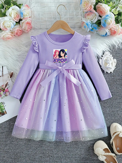 Girls' K-POP Duo Princess Dress: Long Sleeve Ruffle Tutu with Starry Gradient Tulle