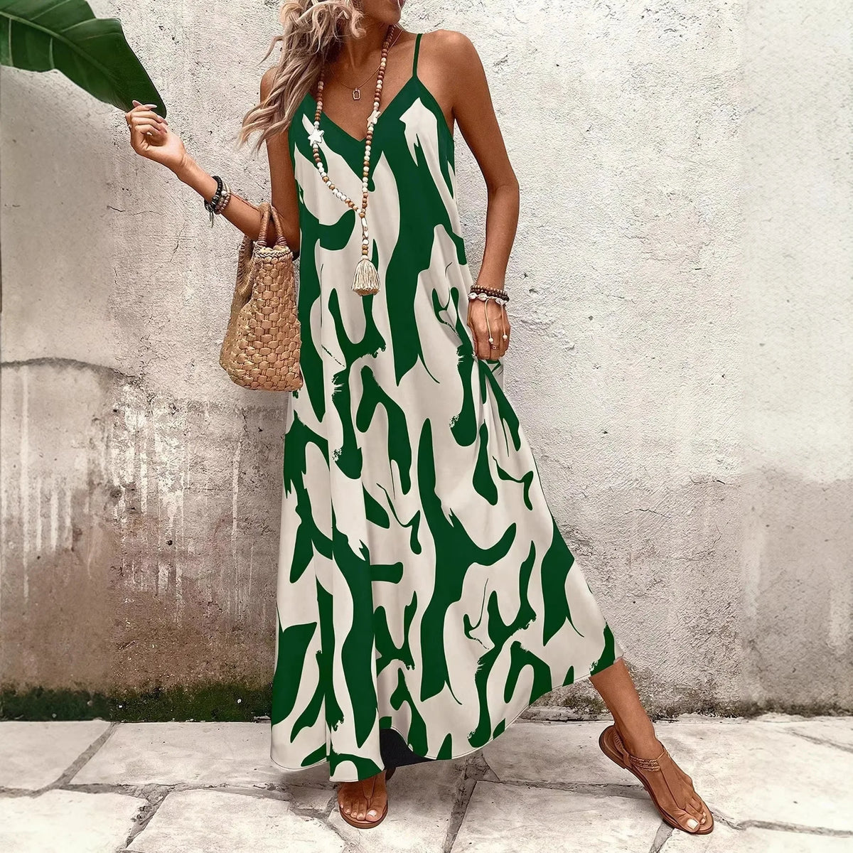Summer 2026 Women's Fashion Slim Fit Floral Print V-Neck Loose Holiday Style Dress Knitted Fabric A- Line Skirt Casual Wear