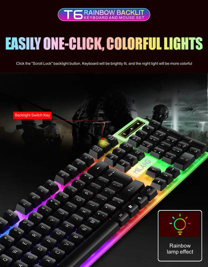 Milang Rainbow Backlit Gaming Combo: Ergonomic Wired Keyboard & Mouse Set