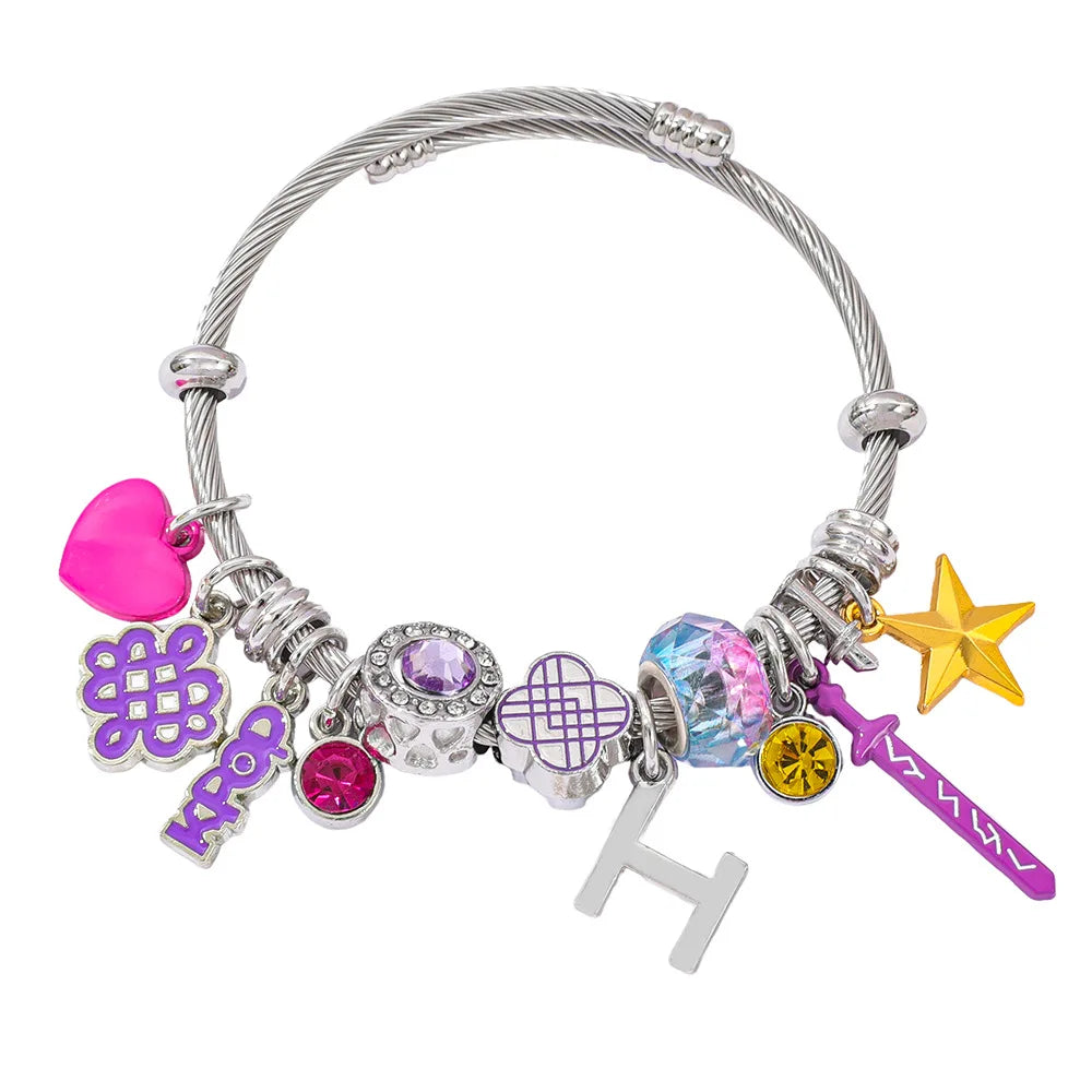 2026 New K-POP Demon Hunting Girl Group Bracelet for Women, Cartoon Diamond Pendant Open Stainless Steel Bangle, Gift