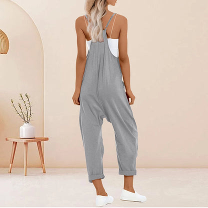 Plus Size Solid Sleeveless V Neck Jumpsuit with Slip Pockets, Casual Women's Clothing