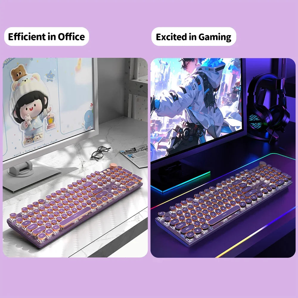 EWEADN V20 Mechanical Keyboard Wired Cute 104 Keys Round Keycaps Gaming Keyboard Retro Punk White Backlit Office Computer Mute