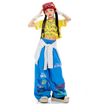 Girls Hiphop Group Jazz Dance Performance Clothes Loose Short Sleeve Top Pants Street Dance Costumes Wear