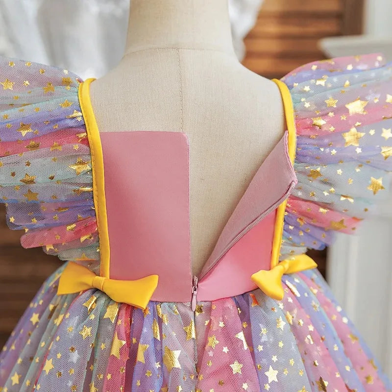 Girls' K-Pop "Starry Gala" Tutu Dress: Rainbow Tulle Gown with Gold Sequins & Ruffle Sleeves