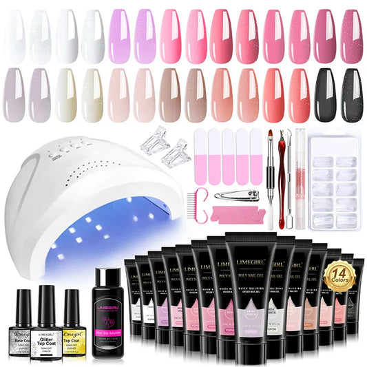 Poly Extension Gel Nail Kit 14 PCS 15ML Quick Building UV/LED Gel with Slip Solution and Nails Art Lamp  for Beginner Manicure