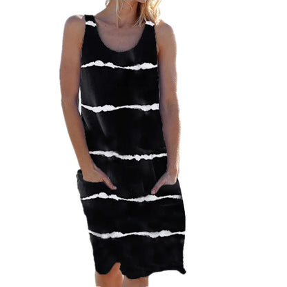 Summer Women's round Neck Printed Striped Vest Dress with Pockets European And United States Style Casual Maxi Dress