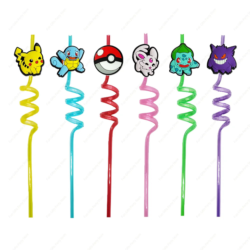 6/12/18pcs Pokemon Birthday Decorations Cartoon Straws Party Favors Reusable Drinking Straws Pikachu Cute Straws Birthday Suppli