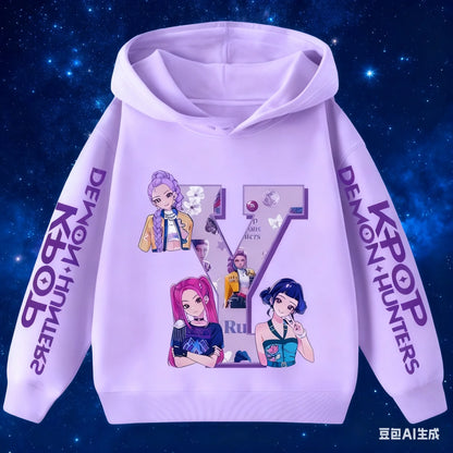 Hoodie for children with letters A-Z, Kpop Demon Hunters sportswear for girls, casual top for autumn and winter long sleeve