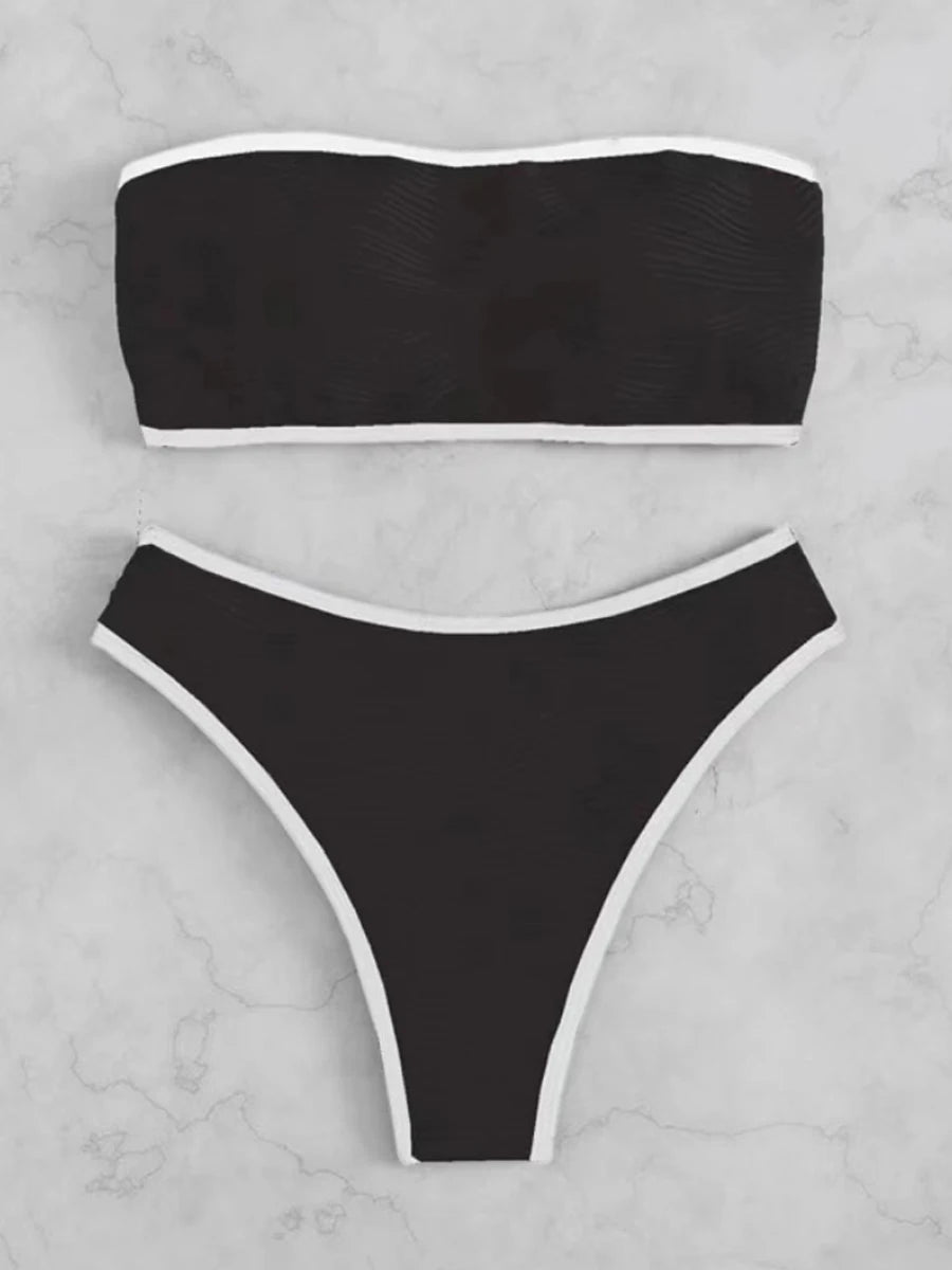 Sexy Bandeau High Waist Bikini 2023 Women Triangle Swimsuit Stitch Detail Swimwear Padded Bathing Suit Female Solid Beachwear