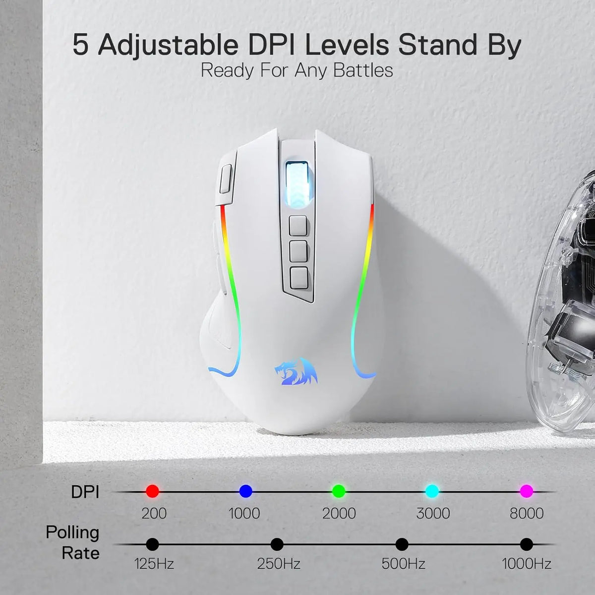 Redragon M612 PRO RGB 8000 DPI Wired/Wireless 9 Programmable Buttons 6 Backlit Modes Gaming Mouse, White