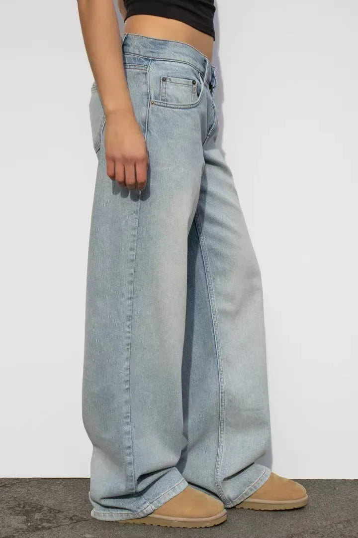 Vintage Distressed Straight-Leg High-Waisted Washing Jeans Loose-Fit Draped Versatile European And American Style Denim Pants