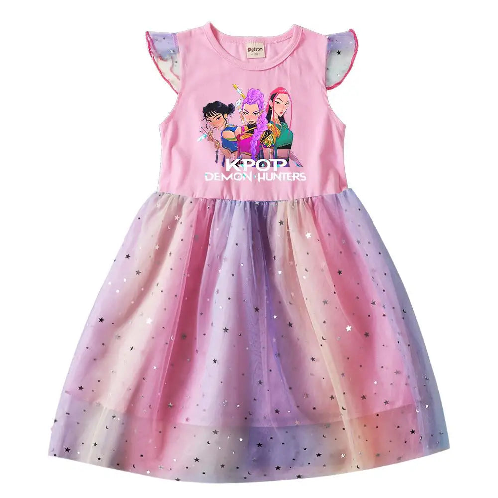 Girls' K-Pop Hunters "Chibi Rainbow" Princess Dress: Flying Sleeve Tutu with Star Sequins