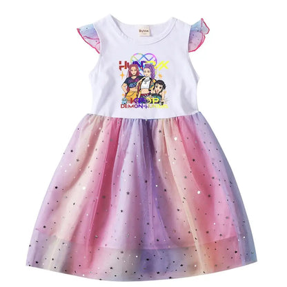 Girls' K-Pop Hunters "Chibi Rainbow" Princess Dress: Flying Sleeve Tutu with Star Sequins