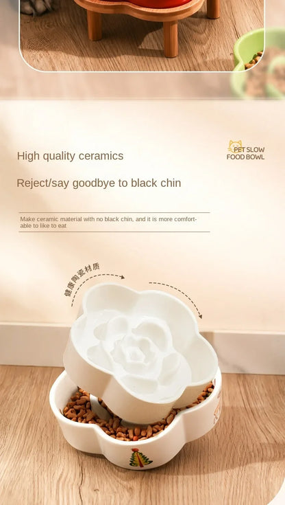 Ceramic Slow Food Bowl Anti-choking Cat Feeding Basin To Prevent Black Chin Small Dog Cat Neck Guard Wooden Frame Slow Food Bowl