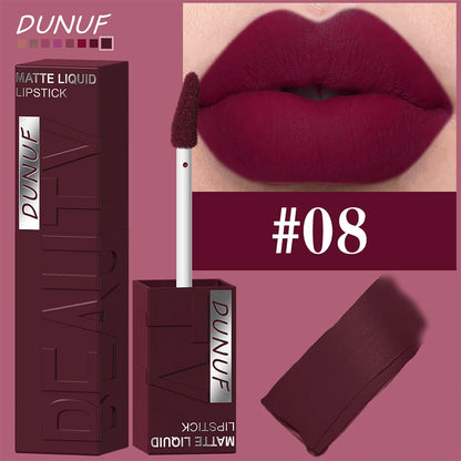 DUNUF  8-color matte velvet smooth easy-to-apply square tube lip gloss waterproof three-dimensional plumping lipstick