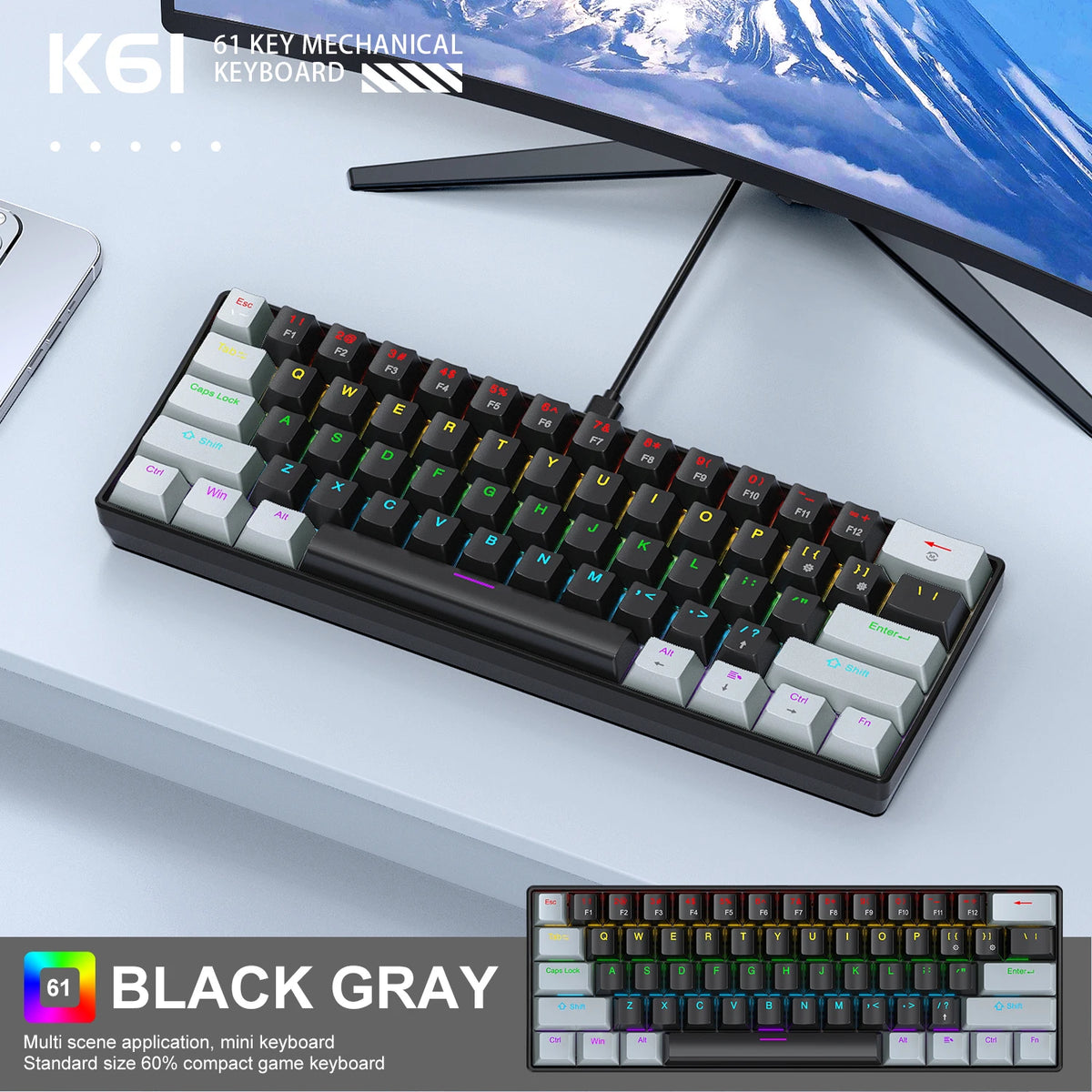 APAYADO K61 Mini Mechanical Keyboard,Wired,61 Keys,Phantom RGB, Black/White Red/Blue Mechanical Switch for Gaming,60% Portable